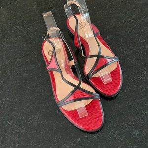 Italian all-leather sandals. Great cut-out design, red & black. Boutique, 7.5.